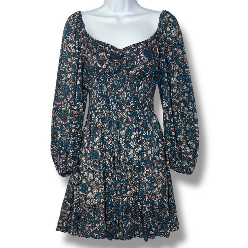 Angie M Dress Blue Floral Smocked Empire Waist Y2K‎ Balloon Sleeve Boho Festival